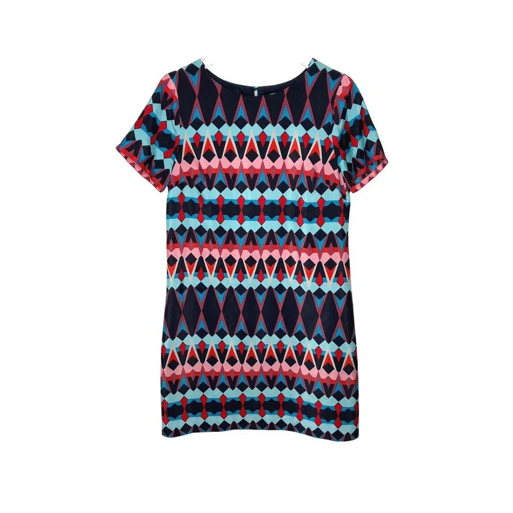 J. Crew Short Sleeve Shift Dress Geometric Print Red Blue Women's Size 4